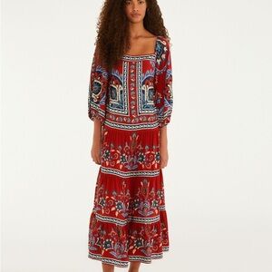 Farm Rio Lenço Náutico Puff Sleeve Square Neck Midi Dress Red Scarf Print